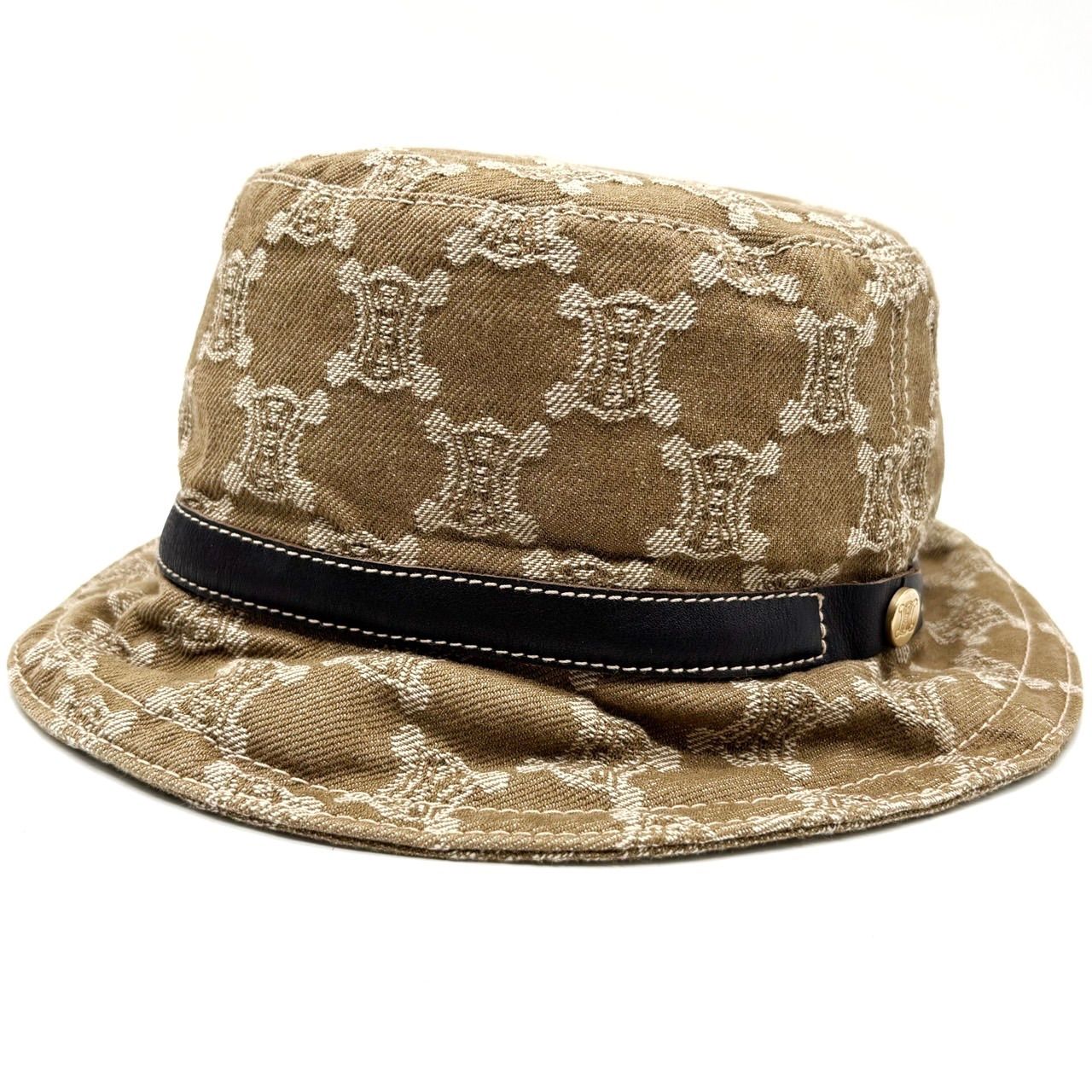 CELINE セリーヌ ハット 帽子 トリオンフ キャンバス レザー 革 ベージュ 肌色 ブラック 黒色 ゴールド金具 ユニセックス 男女兼用 メンズ レディース