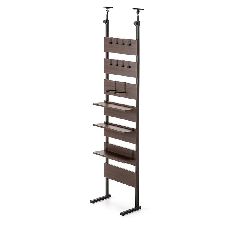 サンワダイレクト 突っ張りラック 棚 幅45cm 総耐荷重60kg 壁面収納 高さ194～258cm 棚板3枚 フック10個付き おしゃれ スリム ダークブラウン 100-TSF001BR