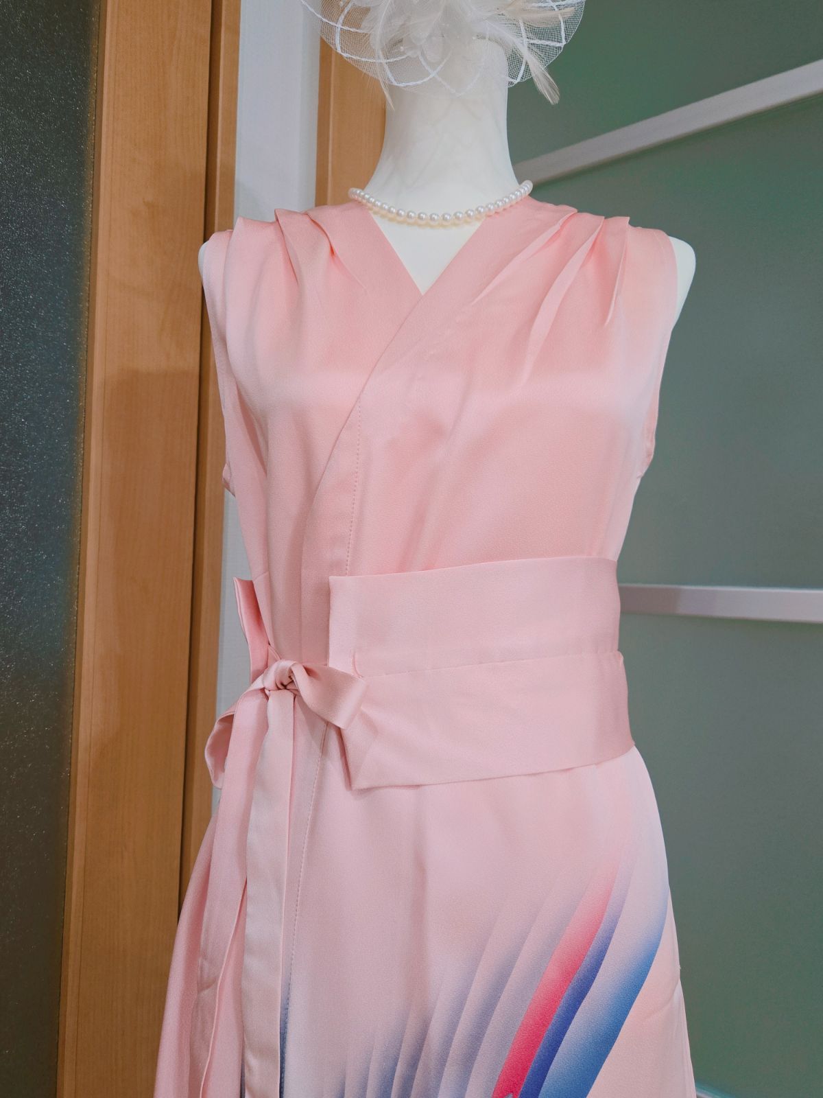 着物リメイク 2WAYワンピース 上品 淡いピンク 体型カバー pr35