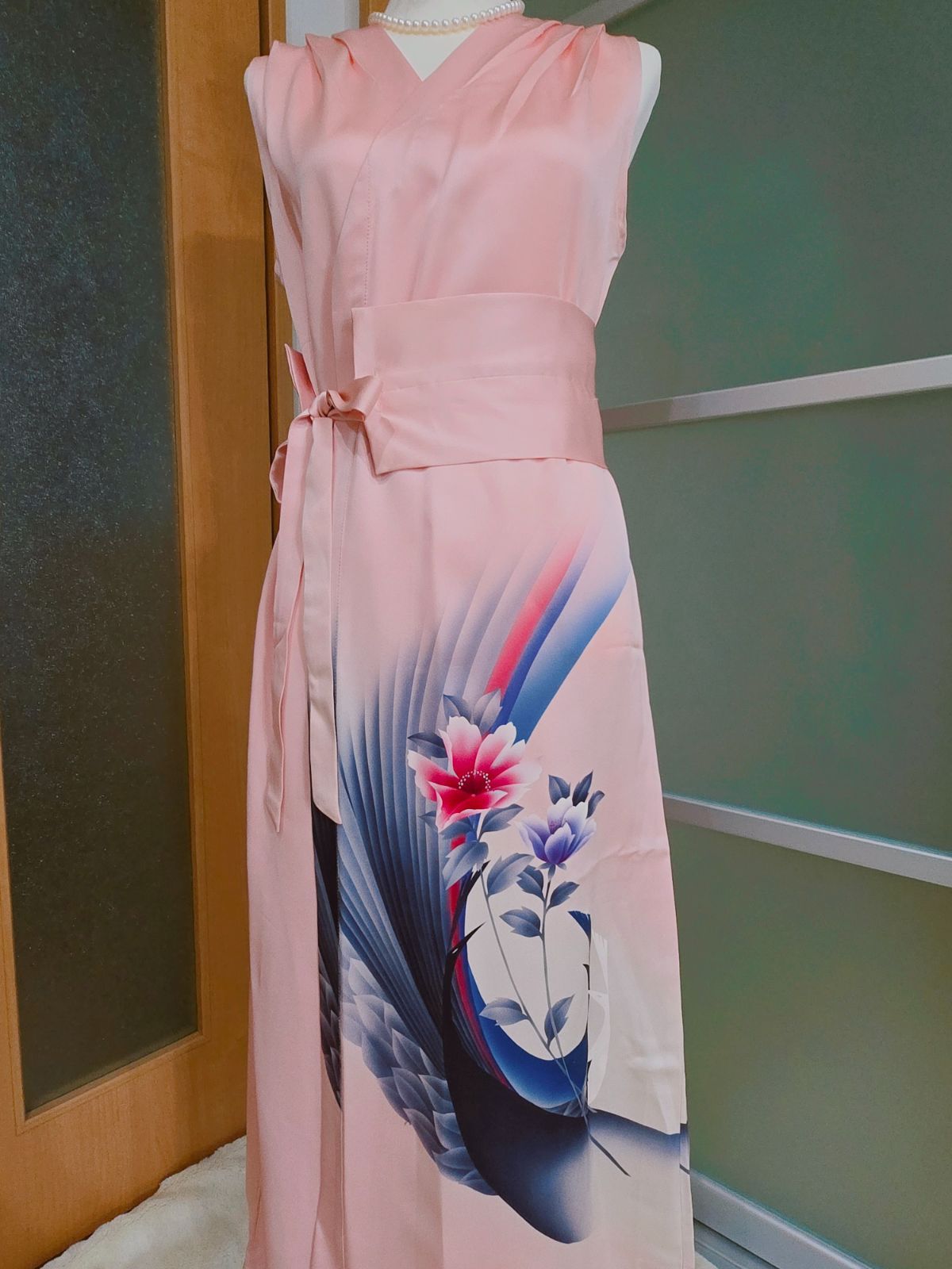 着物リメイク 2WAYワンピース 上品 淡いピンク 体型カバー pr35