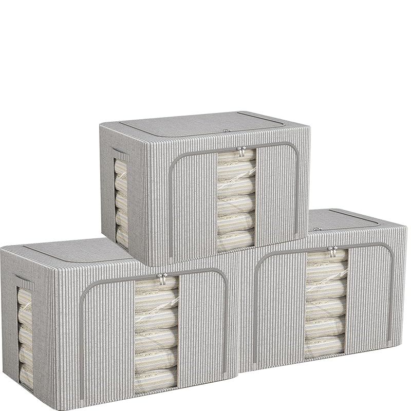 収納ボックス 収納ケース3点セット 66L大容量 衣類収納 折りたたみ 取っ手付き ふた付き おしゃれ 布製 衣装ケース 透明窓付き ファスナー グレー-ボーダー柄-3