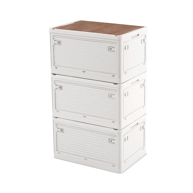 harumi 収納ボックス 折り畳みコンテナ 55.6L容量 木製蓋付き アウトドア 収納ケース 5面開き コンテナ ボックス キャンプ 全方向から取り出せる 折りたたみ 収納コンテナ 省スペース 衣装ケース 3段 衣装収納ケース 収納箱 キャスター付き 強い