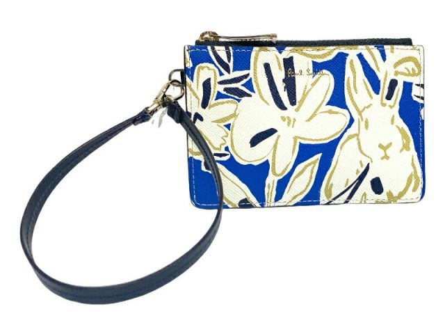 ポールスミス コインケース 兼用 カードケース 小銭入れ レディース ブルー ラッキーフローラル 青 ラビット BPW 060 Paul Smith レザー ストラップ付 リストレット付
