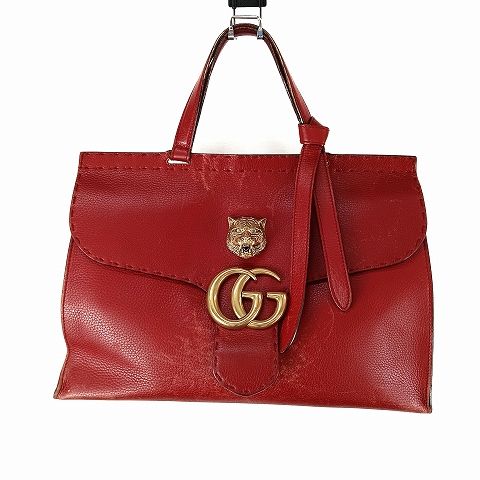 グッチ GUCCI GG マーモント タイガー ヘッド ワンハンド レザー バッグ 赤 レッド ゴールド 手提げ かばん AA