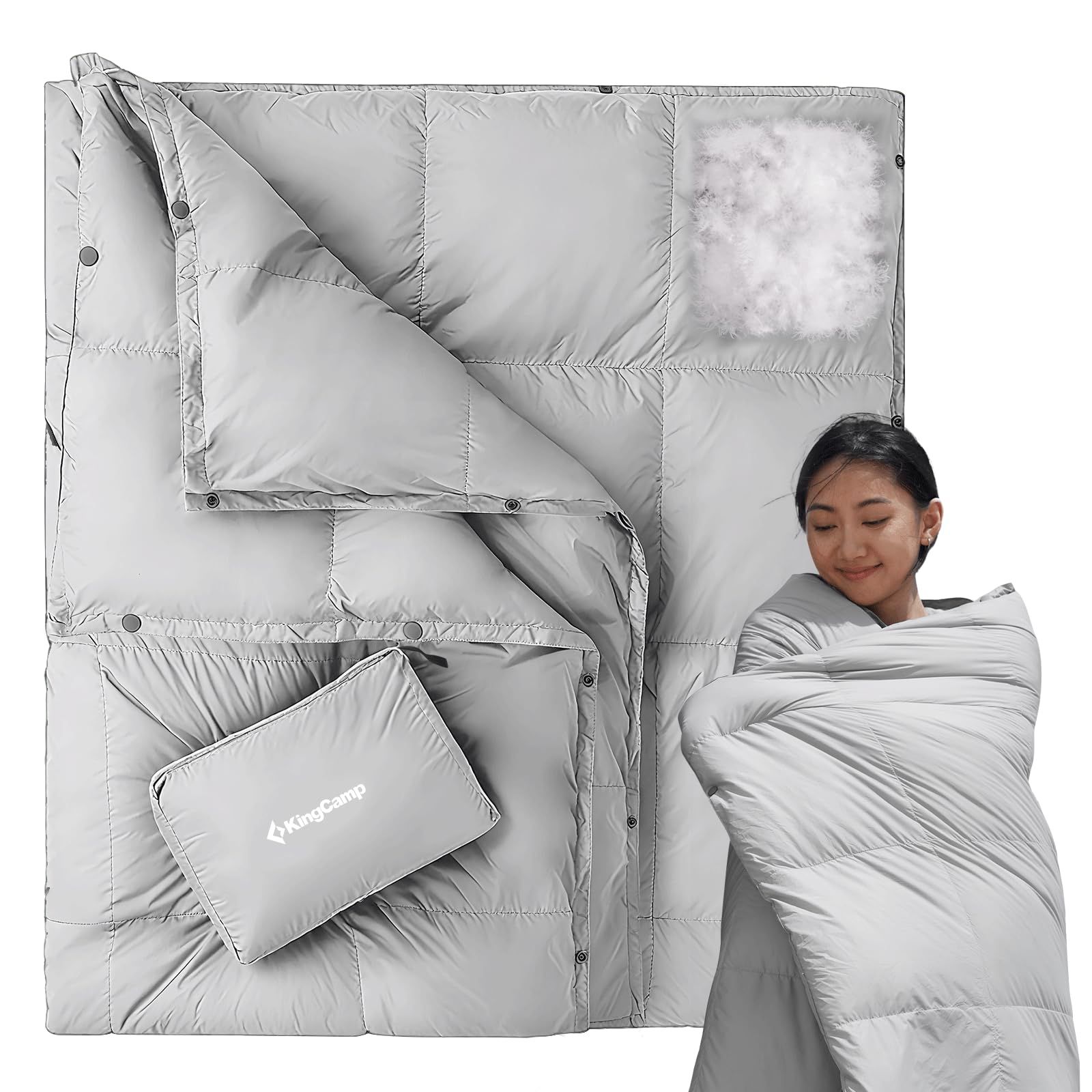 KingCamp ダウンブランケット 超軽量 175×135cm ブランケット キャンプ膝掛け ダウンケット 保温 冬用 連結 コンパクト 車中泊 登山 キャンプ 防災 旅行 コンパクト グレー