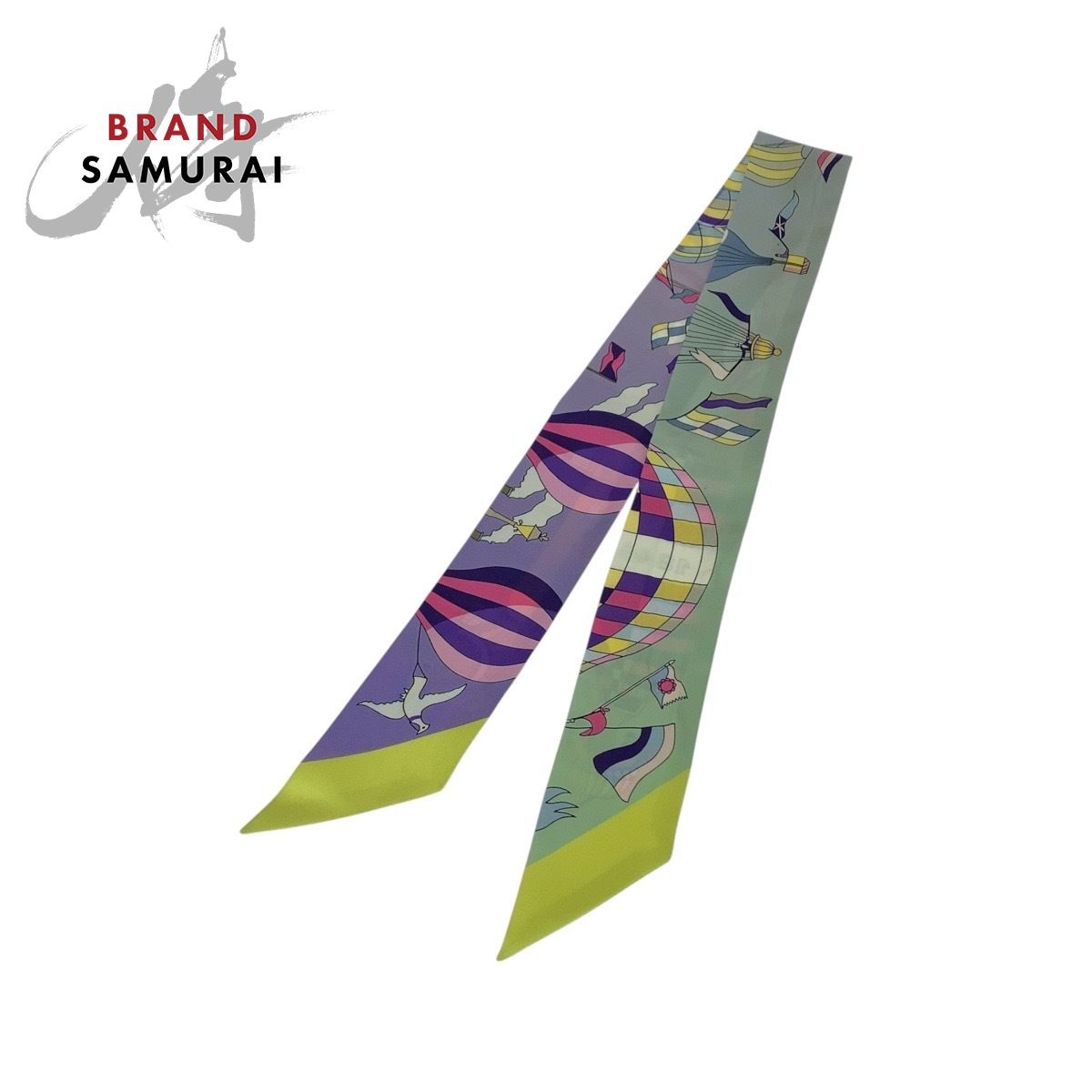 HERMES エルメス 大空の狂気 ツイリー パープル グリーン イエロー スカーフ リボンスカーフ レディース 506116