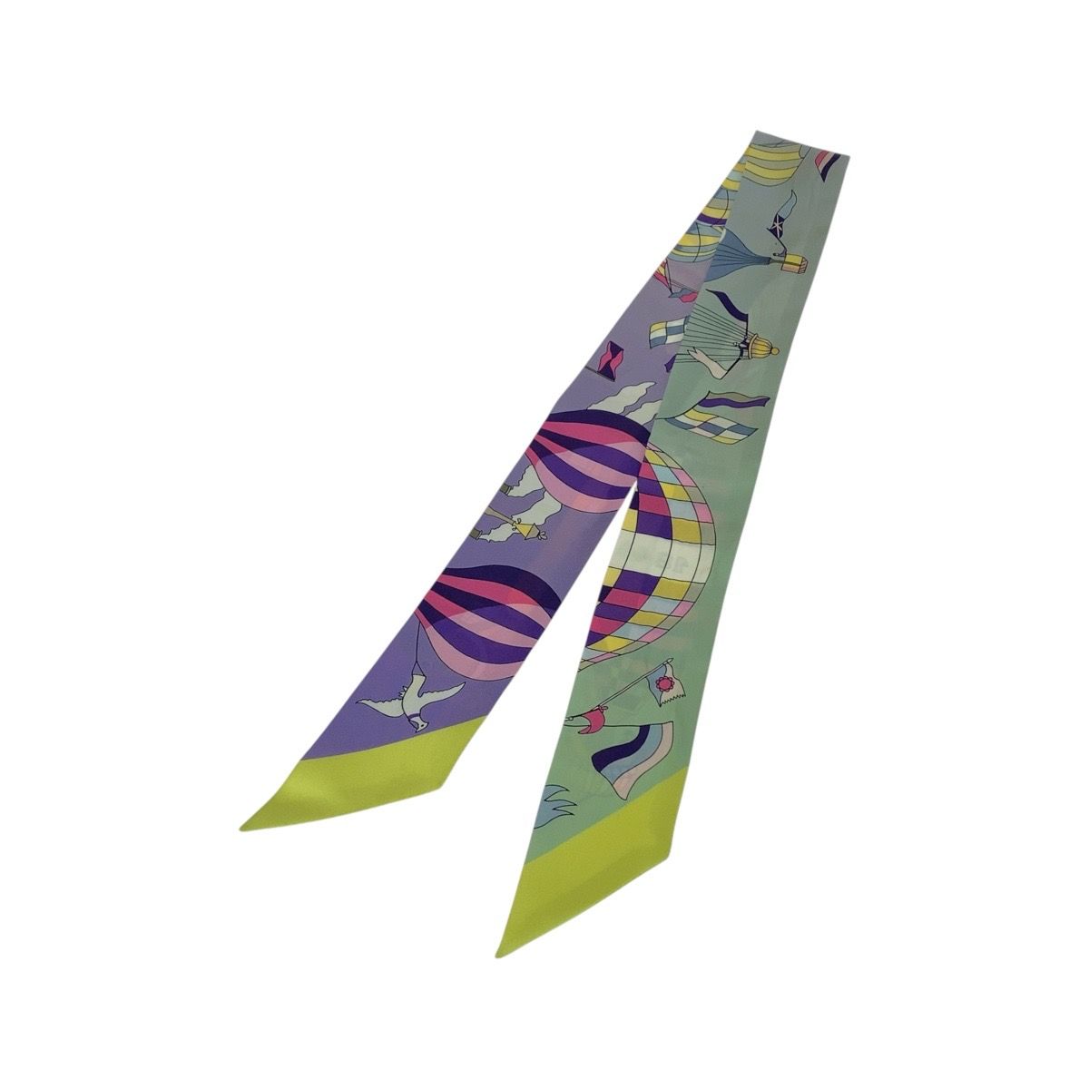 HERMES エルメス 大空の狂気 ツイリー パープル グリーン イエロー スカーフ リボンスカーフ レディース 506116