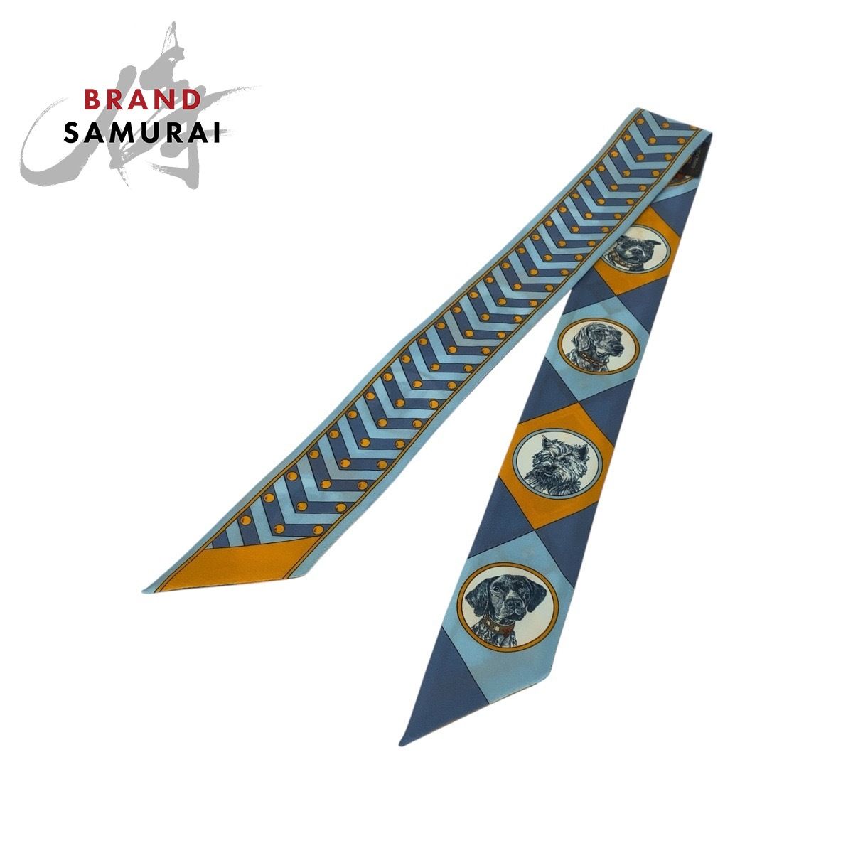 HERMES エルメス コリエ エ シアン ツイリー ブルー オレンジ シルク スカーフ リボンスカーフ レディース 506115