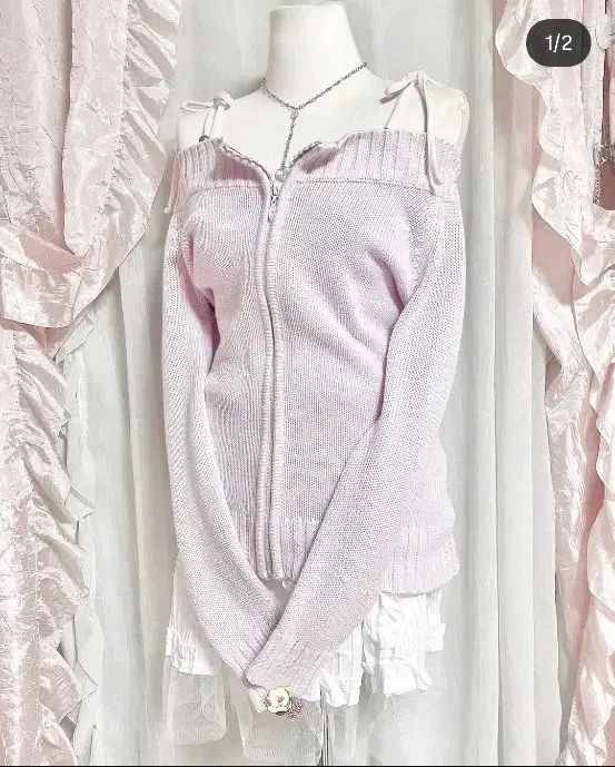 ユジンヴィンテージ ピンク オフショルダー ジップアップ