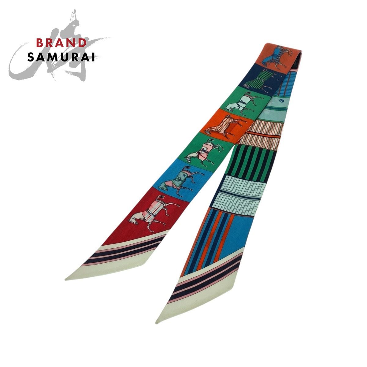 超 HERMES エルメス 馬車の変遷 ツイリー マルチ ブルー グリーン シルク スカーフ リボンスカーフ レディース 506114