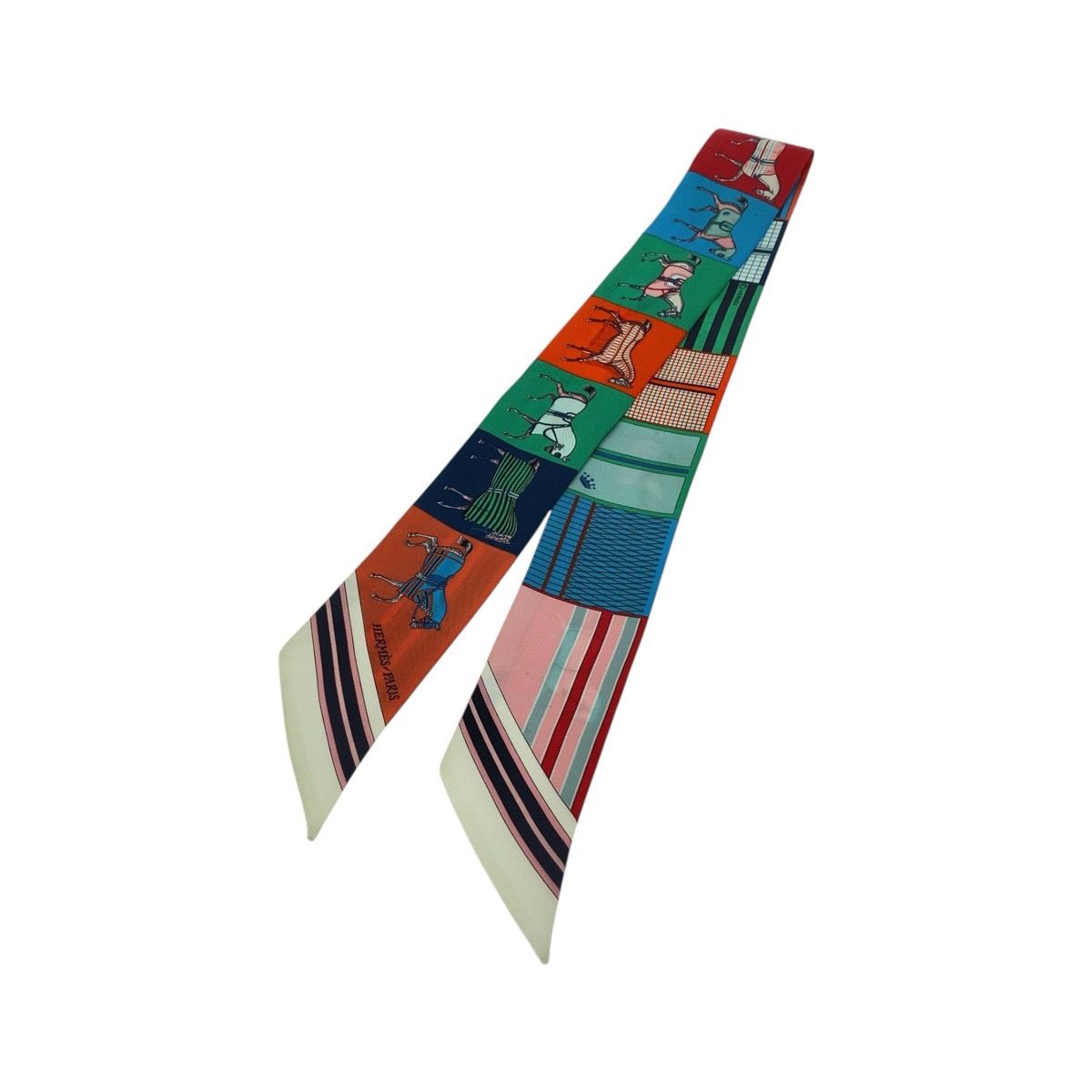  超 HERMES エルメス 馬車の変遷 ツイリー マルチ ブルー グリーン シルク スカーフ リボンスカーフ レディース 506114 その他 小物