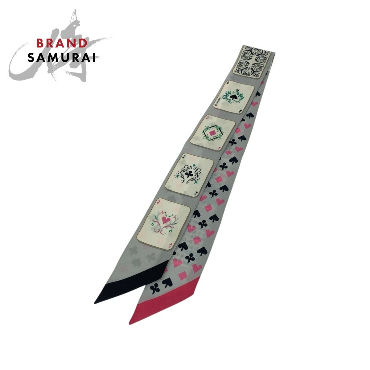 HERMES エルメス ジュド カルト ツイリー グレー ピンク シルク スカーフ リボンスカーフ レディース 506113