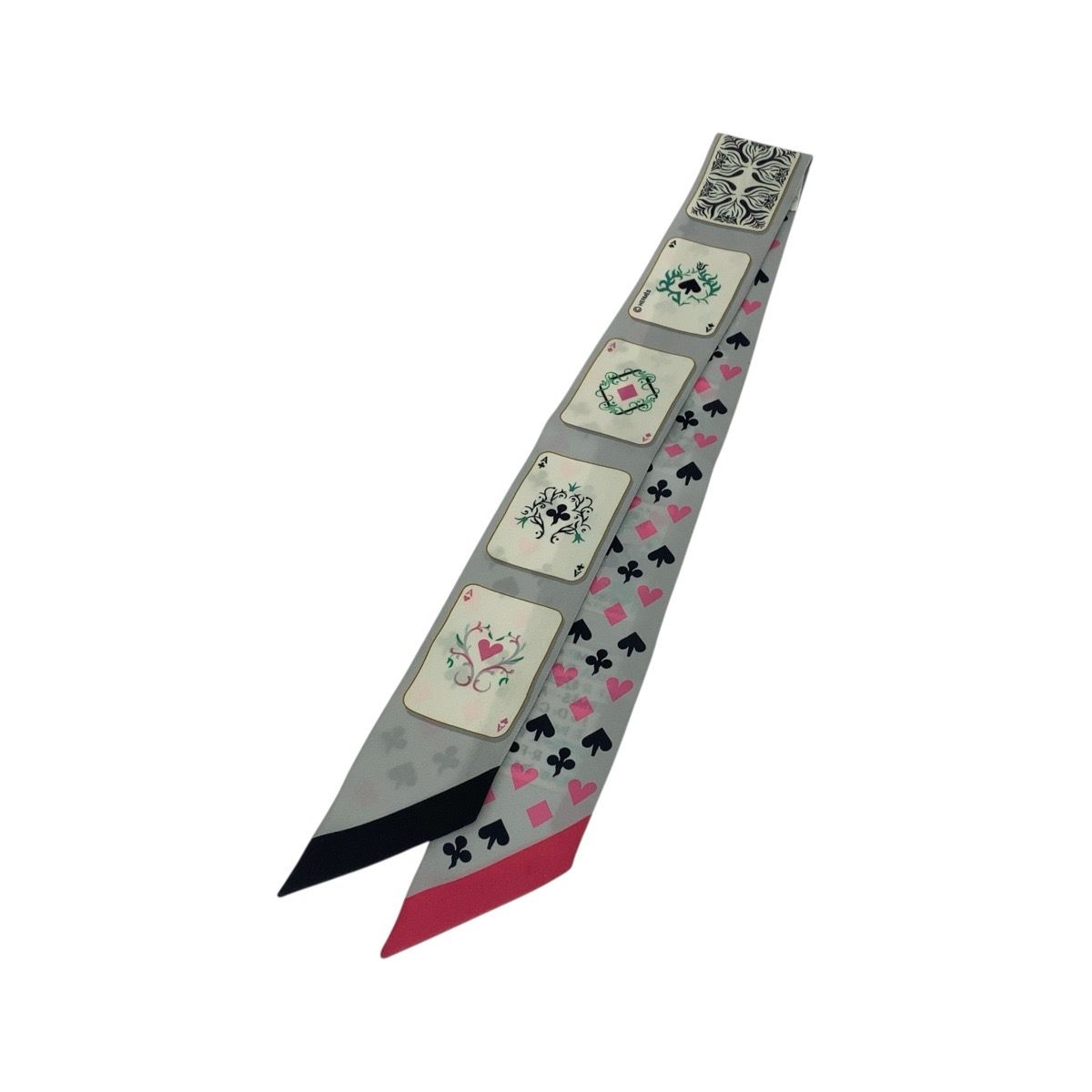 HERMES エルメス ジュド カルト ツイリー グレー ピンク シルク スカーフ リボンスカーフ レディース 506113