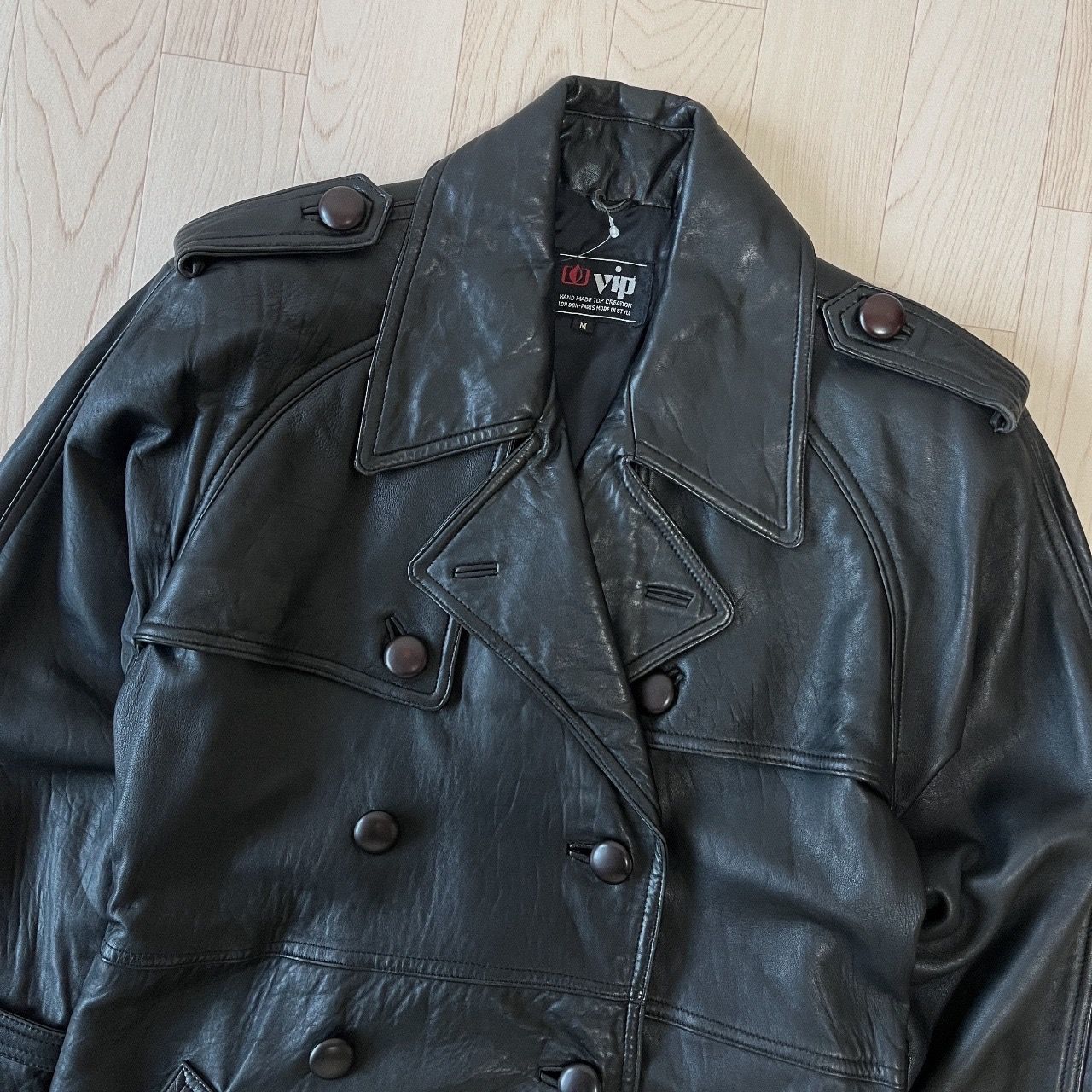 ヴィンテージ 黒 ブラック 本革 ダブルブレストジャケット コート