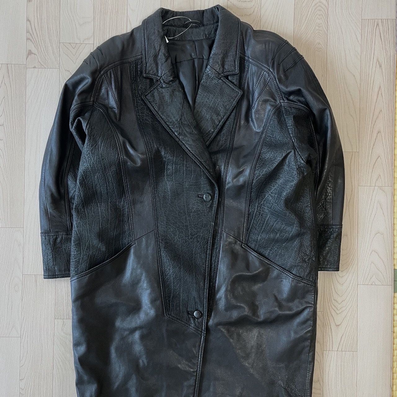 ブラック オーバーサイズ パッチワークデザイン 本革 ロングコート レザー ヴィンテージ