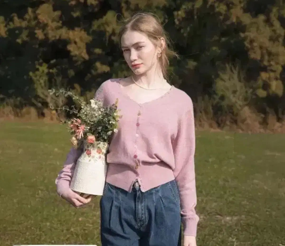 LENINA ウール Vネック ポップコーン スリーブ カーディガン