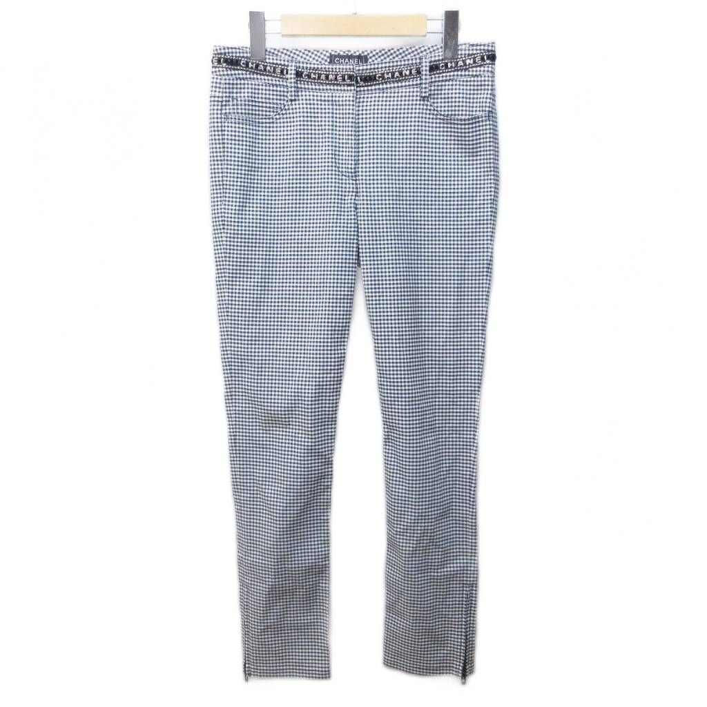 シャネル CHANEL ギンガムチェック スラックス パンツ ロゴ 刺繍 ラメ 裾ジップ P53371V28957 38 約M 白黒 ホワイト ブラック IBO83 1114
