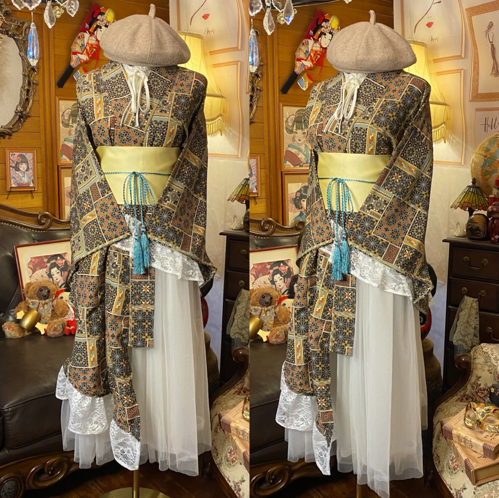 単衣着物 2 way アシンメトリー ガウン 羽織り ドレス ワンピース ハンドメイド 和洋折衷 洗える 化繊 リメイク 帯サッシュベルト レトロ 古着 幾何学モダン KD-82