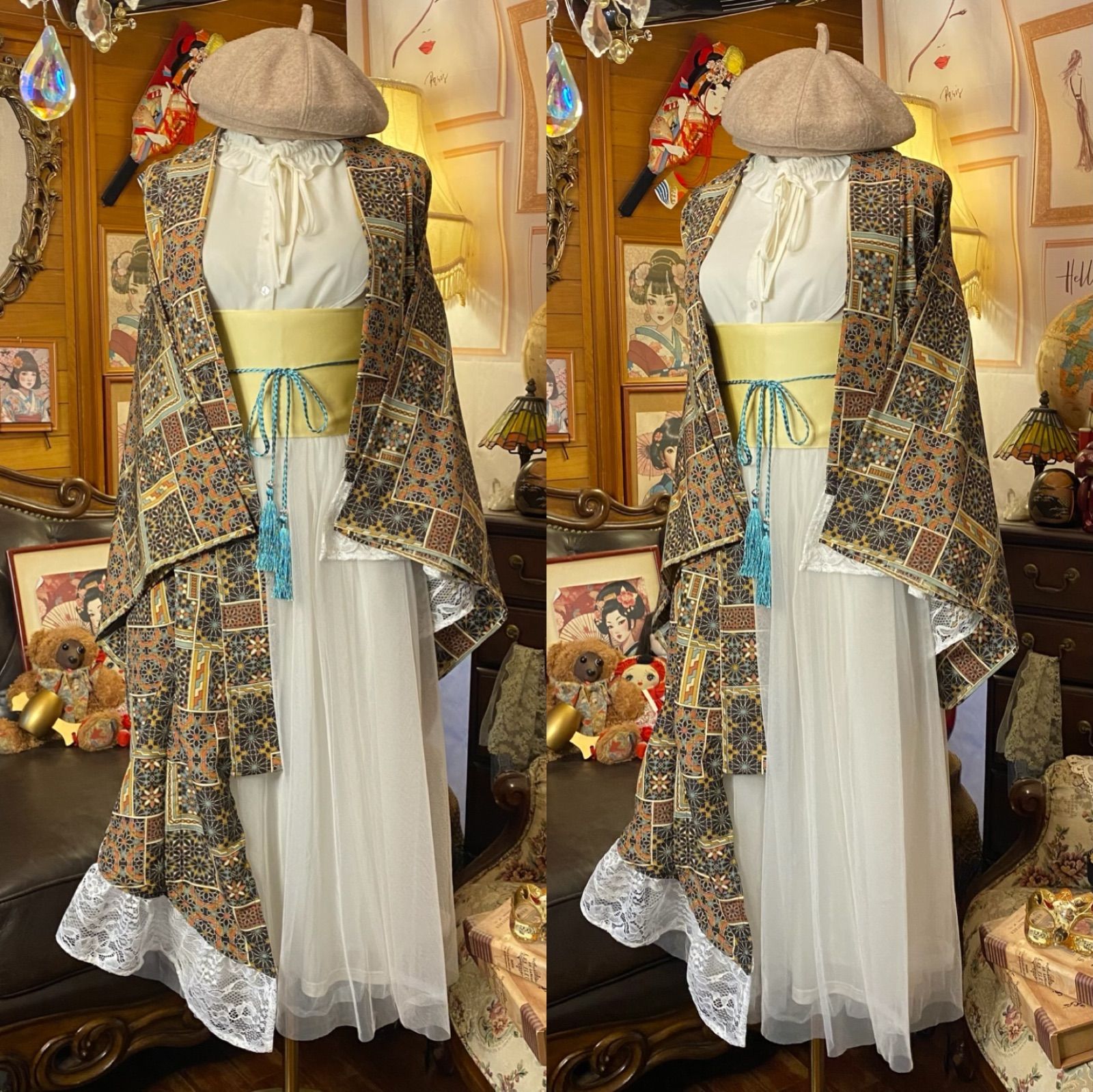  単衣着物 2 way アシンメトリー ガウン 羽織り ドレス ワンピース ハンドメイド 和洋折衷 洗える 化繊 リメイク 帯サッシュベルト レトロ 古着 幾何学モダン KD 82 その他 ファッション