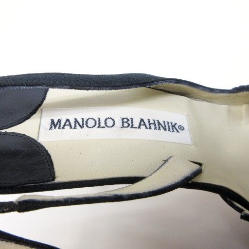  マノロブラニク MANOLO BLAHNIK ミュール レース 刺繍 バックストラップ ポインテッドトゥ ハイヒール 37 約24 cm 黒 ブラック IBO 79 ミュール サンダル ミュール