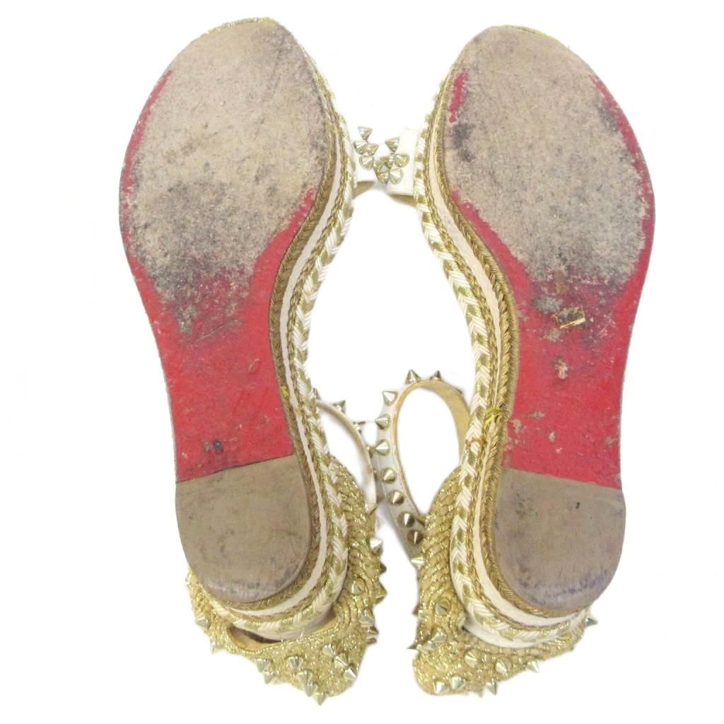  クリスチャンルブタン Christian louboutin スパイクスタッズ ジュートサンダル ラメ グリッター ストラップ ウェッジソール 37 約24 cm ゴールド 系 IBO 83 1111 サンダル サンダル ミュール