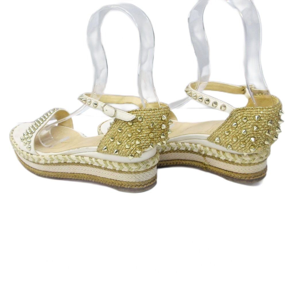 クリスチャンルブタン Christian louboutin スパイクスタッズ ジュートサンダル ラメ グリッター ストラップ ウェッジソール 37 約24 cm ゴールド 系 IBO 83 1111