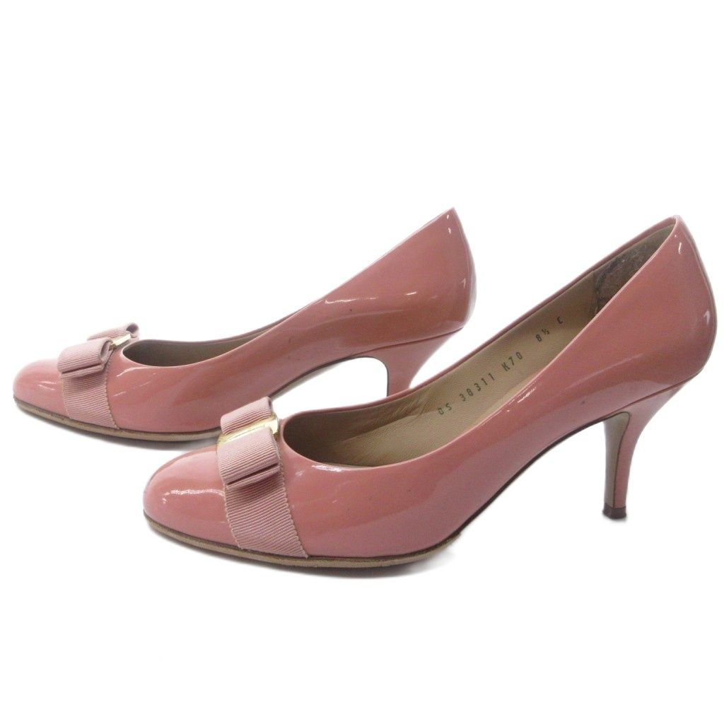 サルヴァトーレフェラガモ Salvatore Ferragamo ヴァラリボン エナメル パンプス ラウンドトゥ ヒール ピンク 約25.5 cm IBO 83