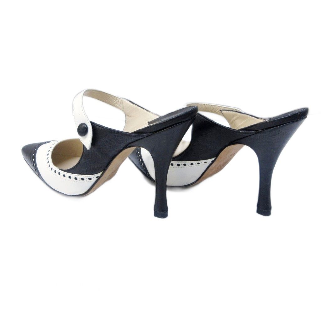 マノロブラニク MANOLO BLAHNIK パンプス レザー バイ メダリオン オープンヒール 36 1 2 約23.5 cm 白黒 ホワイト ブラック IBO 79 1111