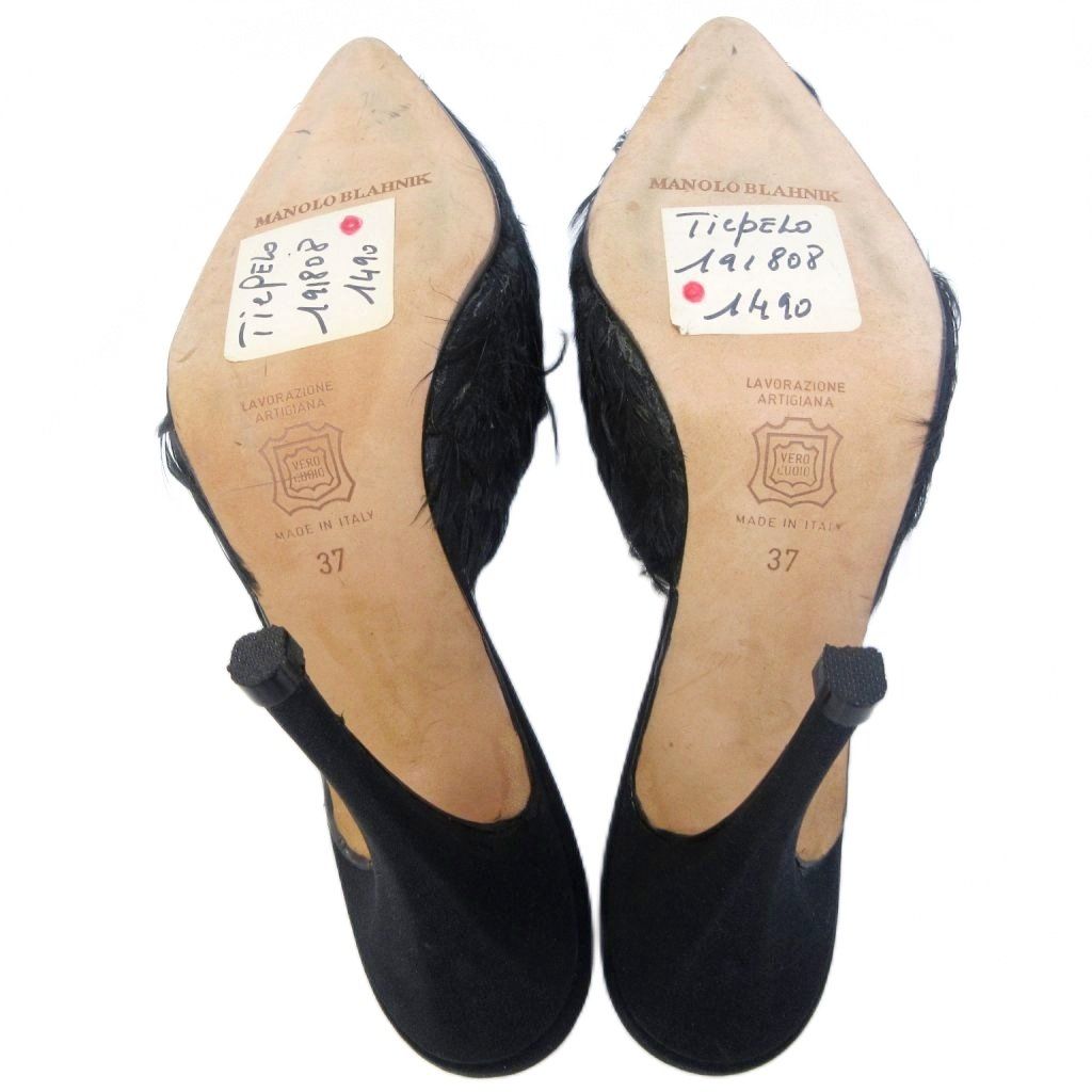  マノロブラニク MANOLO BLAHNIK ミュール フェザー デザイン ポインテッドトゥ ハイヒール 37 約24 cm 黒 ブラック IBO 79 1111 ハイヒール パンプス パンプス