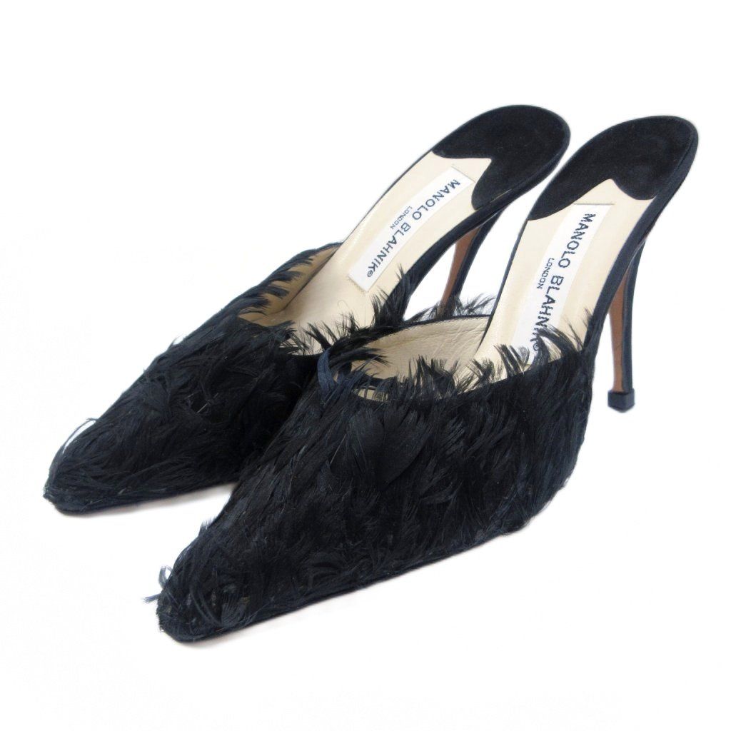 マノロブラニク MANOLO BLAHNIK ミュール フェザー デザイン ポインテッドトゥ ハイヒール 37 約24 cm 黒 ブラック IBO 79 1111