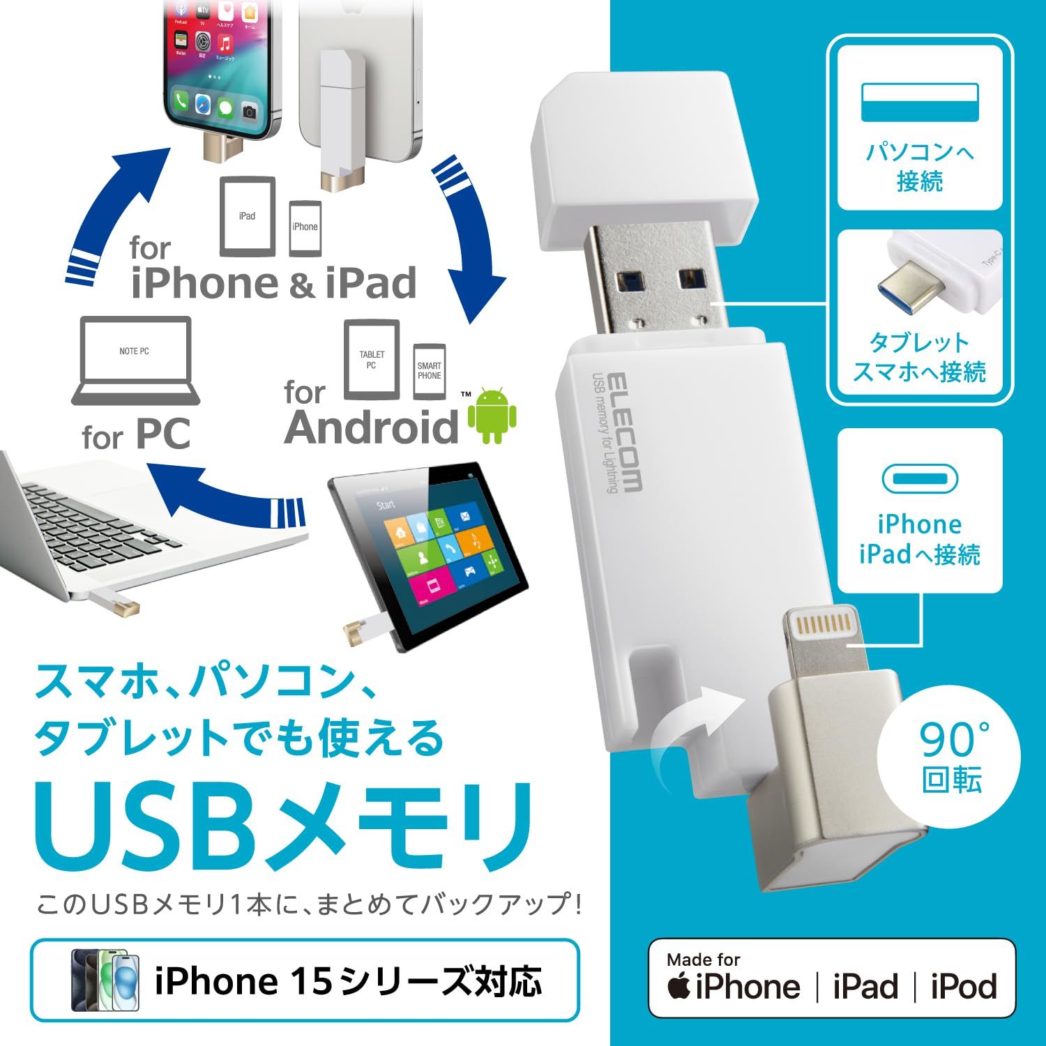 エレコム USBメモリ 32 GB iPhone iPad対応 MFI認証品 ライトニング Type C変換アダプタ付 ホワイト MF