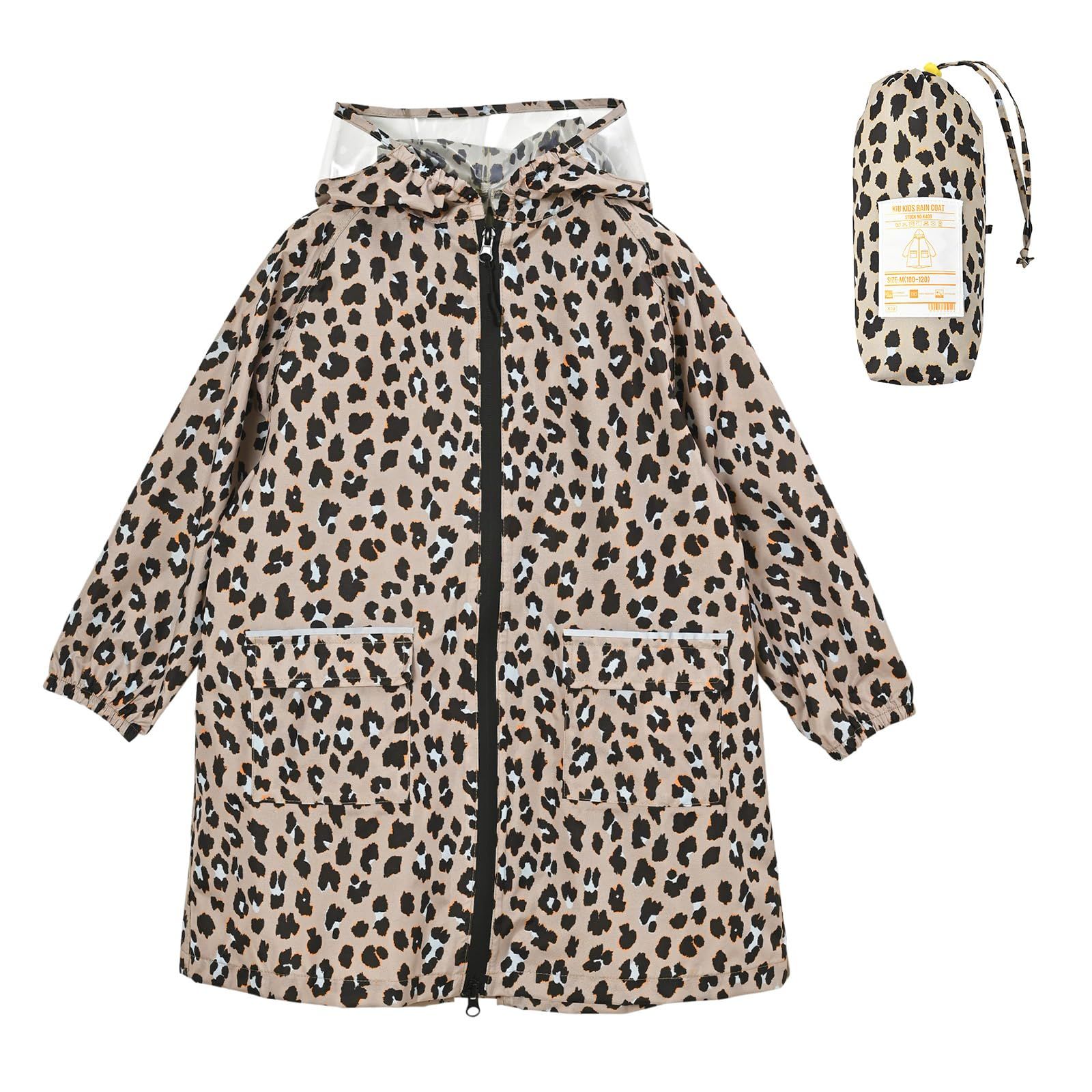 [キウ] キッズレインコート KIDS RAIN COAT 防水 撥水 はっ水 耐水 雨対策 台風 梅雨 レインポンチョ 子供 子ども カッパ 雨具 雨ガッパ 雨合羽 袖付き 収納袋 ポケット 通園 通学 幼稚園 [カラーレオパード] [Free Size]