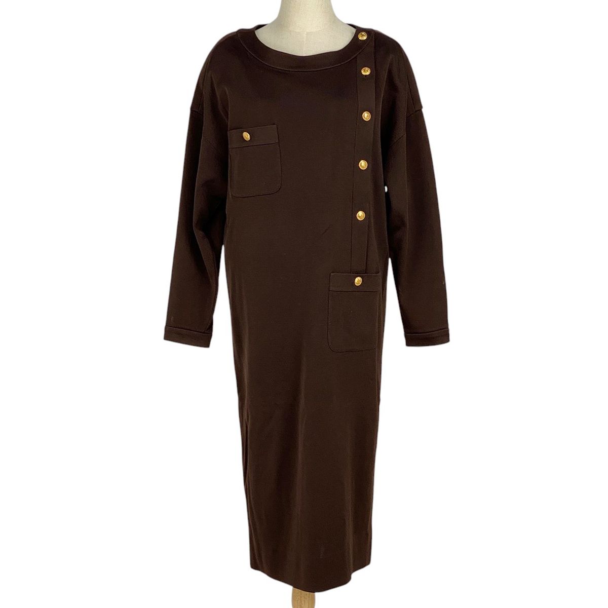 シャネル CHANEL ココマークボタン ワンピース 長袖 23154 ワンピース スカート アセテート シルク ナイロン ブラウン レディース