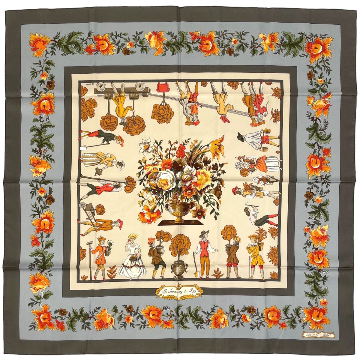 エルメス HERMES カレ 90 Les Jardiniers du Roy 庭師のロイ スカーフ シルク ベージュ オレンジ マルチ レディース