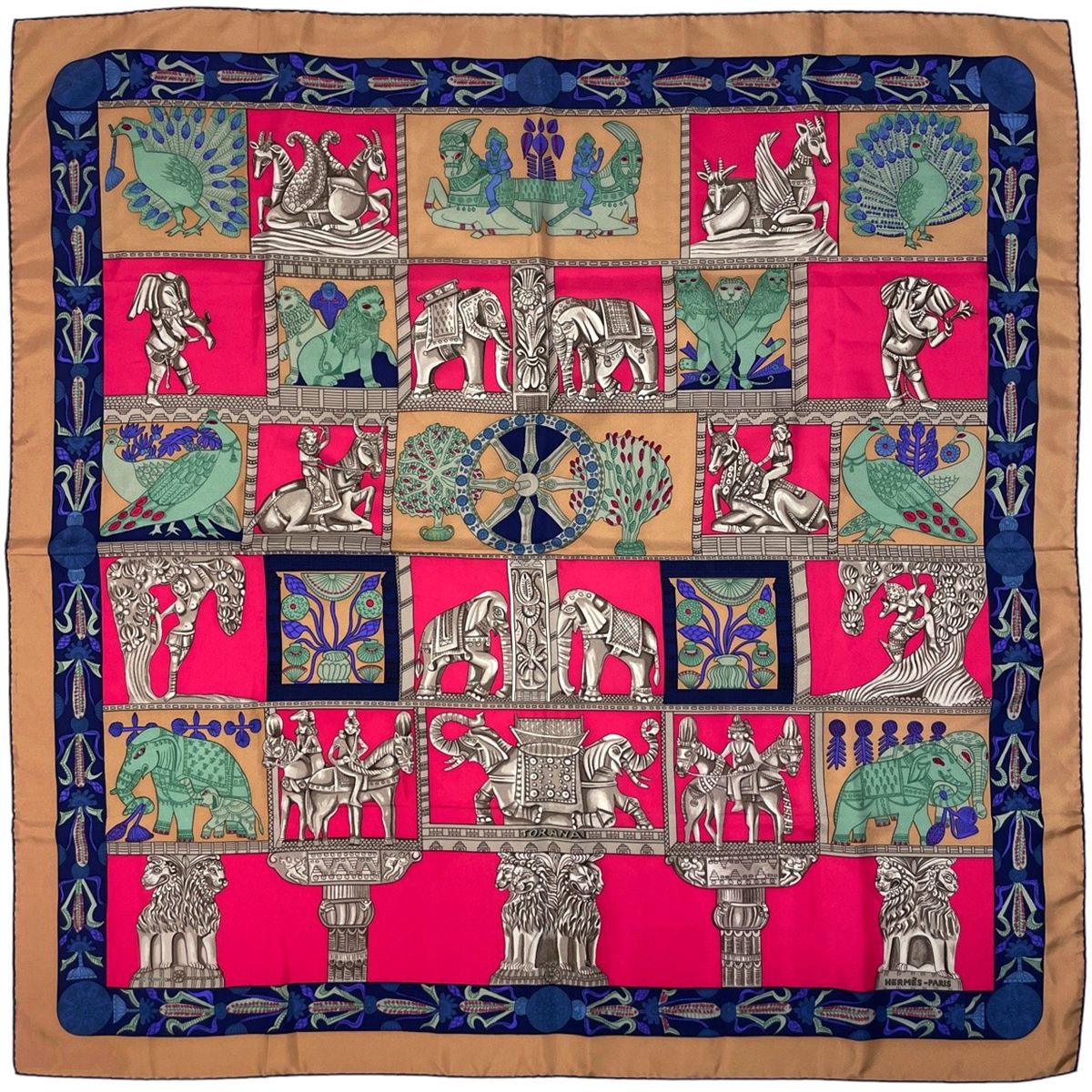 エルメス HERMES カレ 90 TORANA 塔門 スカーフ シルク ブラウン レッド マルチ レディース