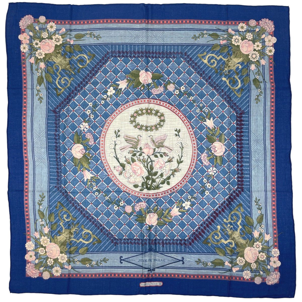 エルメス HERMES カレ 90 JEUX DE PAILLE 藁遊び スカーフ カシミヤ シルク ブルー マルチ レディース