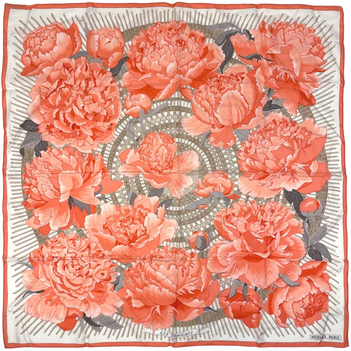 エルメス HERMES カレ90 Les Pivoines 芍薬 牡丹 花柄 フラワー柄 スカーフ シルク オレンジ ベージュ マルチ レディース