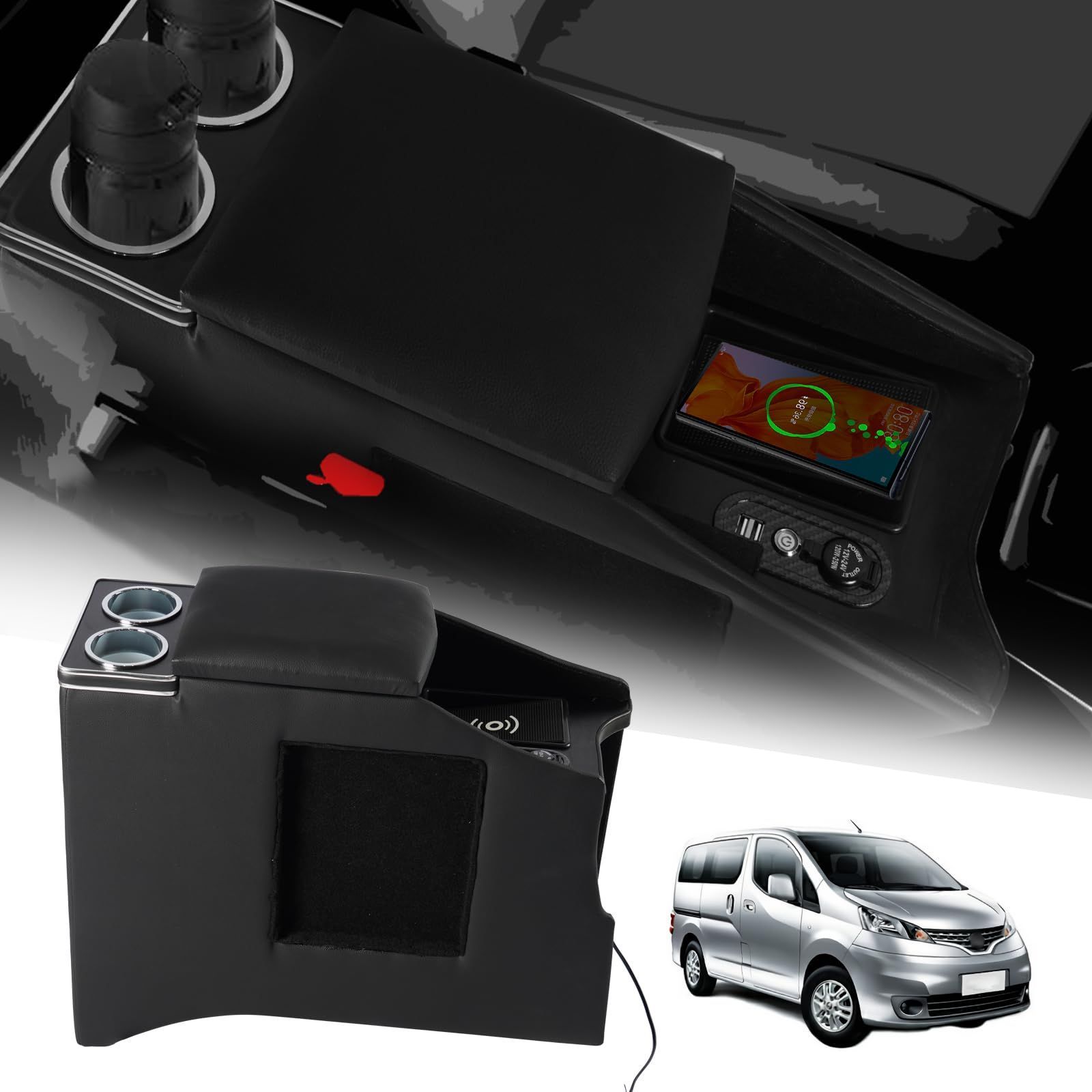 YESHMA ワイヤレス充電 コンソールボックス 車 NV 200 バネット アームレスト ニッサン適用 バン ワゴン GX VX DX VANETTE適用 センターコンソールボックス 肘置き ドリンクホルダー スマートコンソール L