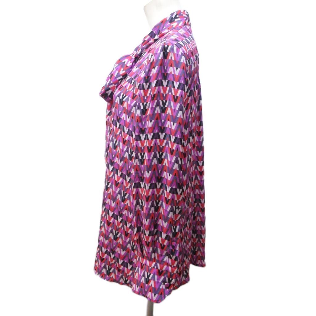 ヴァレンティノ ヴァレンチノ VALENTINO チュニック ブラウス ロゴ柄 総柄 シルク リボン ボウタイ 長袖 40 約M パープル ピンク 系 IBO83 1114