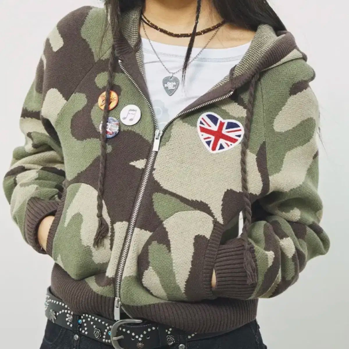 カルバン クライン W UNION JACK KNIT ZIP UP HOODIE CAMO
