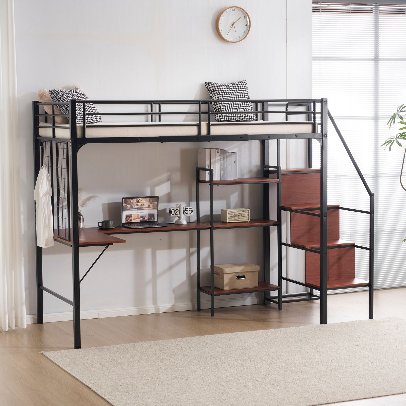 ロフトベッド シングル 収納棚付き デスク付き 階段付き 北欧風 木目 子供ベッド 大人ベッド 一人暮らし スチール 耐震 ベッド ブラック