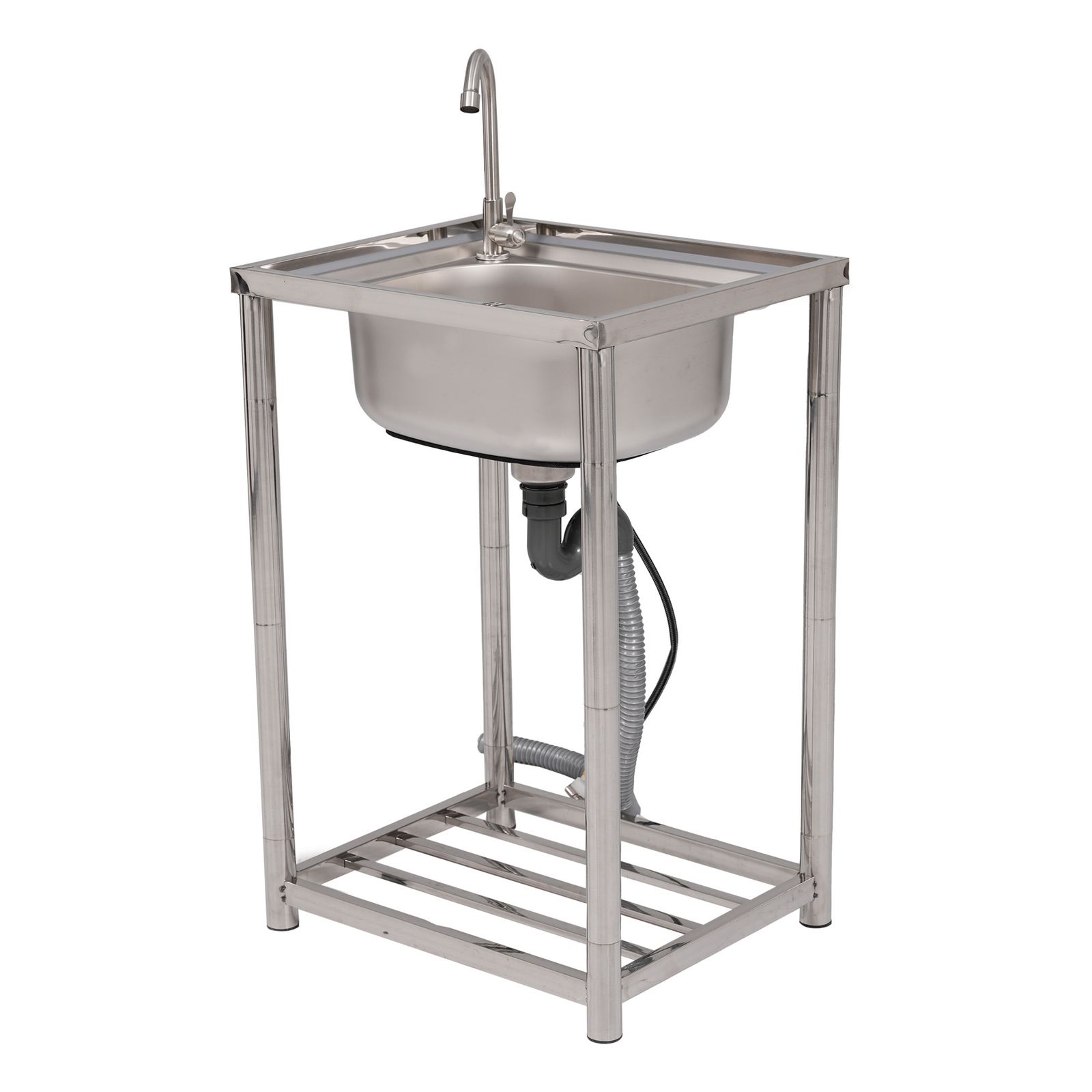 幅54cm 屋外 流し台 ステンレス製 ガーデンシンク 作業台 キッチン 台所 屋外 簡易 シンク 組み立て簡単 収納棚付 庭 高さ調節 調理台 ガーデニング 庭 DIY 頑丈 シルバー