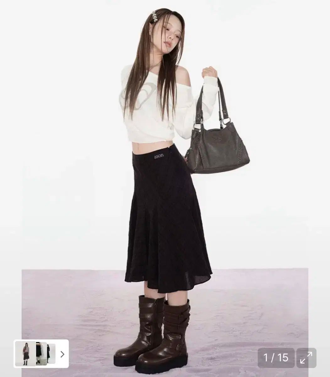 アズオン CHECK ミディ スカート ブラック