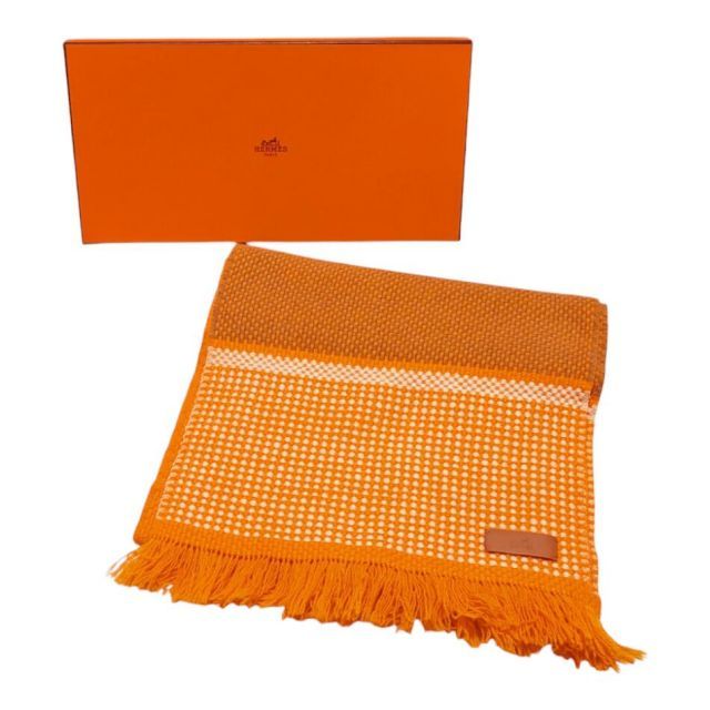 新品同様 エルメス ニット マフラー 259010S オレンジ レザータグ