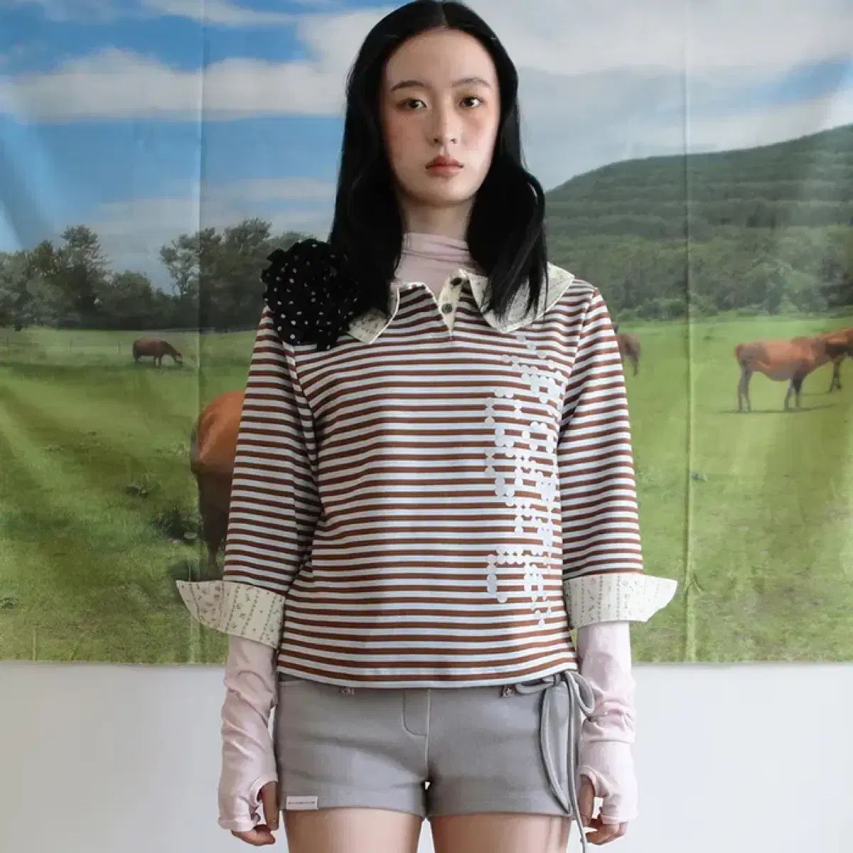 ノーフィシャルノーピース ストライプ ロゴ トップス ブルー