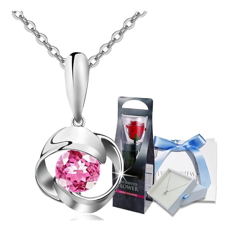 EVER FLAWLESS ネックレス レディース スワロスキージルコニア採用 シンプル プリザーブドフラワー バラ セット ピンク 花束 誕生日 ホワイトデー 母の日 プレゼント ギフト