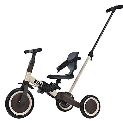 BTM 子供用三輪車 5 in 1新色 三輪車のりもの 押し棒付き ランニング 三輪車 自転車 おもちゃ 乗用玩具 おしゃれ 1歳 5歳 幼児用 プレゼント お祝い ギフト ベージュ ブラウン