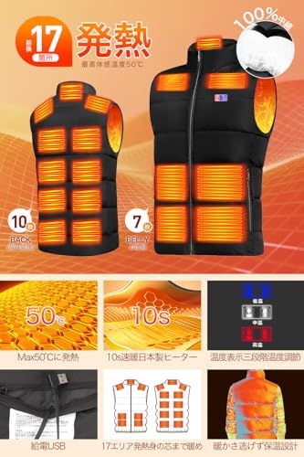 Yoigood 電熱ベスト 40800mAh大容量バッテリー付き 17箇所発熱 加熱ベスト 前後独立スイッチ 3段階温度調節 USB給電 ヒートジャケット 速暖 保温 メンズ レディース 加熱服 暖房ウェア 丸洗い 省エネ 通勤 通学 防寒対策