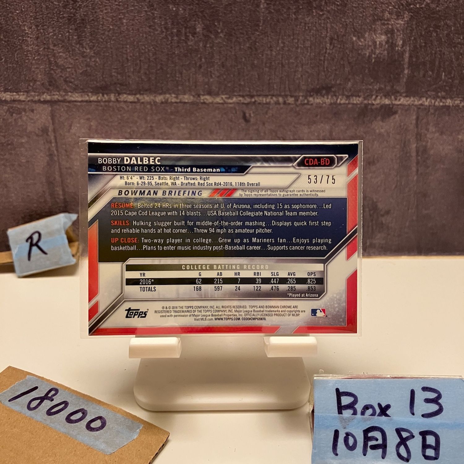 2016 Topps Chrome Bobby Dalbec 53 75 直筆サインカード Boston Red Sox 1 st Bowman Refractor カード