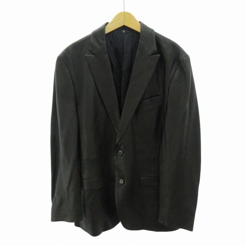 ランバン LANVIN 美品 テーラードジャケット 総裏 2B ラムレザー 裏地 ペイズリー柄 48 黒 ブラック 0704 ●ECO